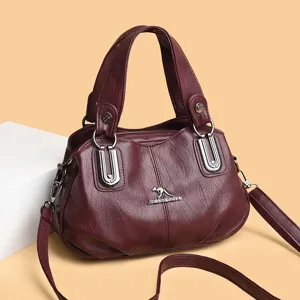 Maroon leather multi-layer large capacity shoulder bag handbag for women, elegant daily tote.