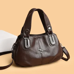 Womens brown leather shoulder bag multi-layer large capacity tote bag daily casual handbag.