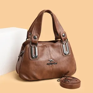 Brown multi-layer tote bag, large capacity stylish shoulder bag for women with premium PU leather.
