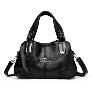 Black leather handbag large capacity multi-layer tote shoulder bag for women daily use.
