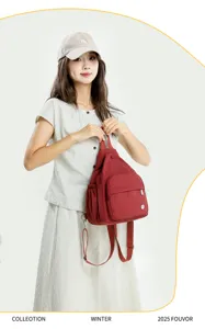 Multi-functional canvas backpack for women, casual stylish chest bag, travel daily daypack red.