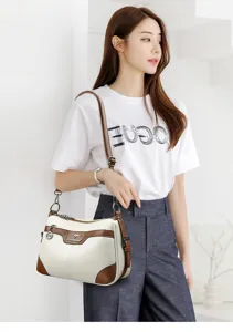 Stylish contrast color women shoulder bag, premium leather crossbody bag with metal chain strap.