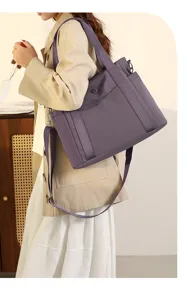 Purple oxford cloth tote bag for women, large capacity shoulder crossbody commuter bag.