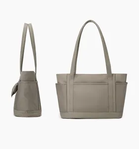 Gray large capacity tote bag with bow, casual work commuting shoulder bag for women.