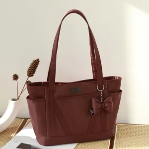Women Large Capacity Tote Bag Casual Nylon Shoulder Bag With Bow Waterproof Commuter Handbag Solid Color Daily Purse