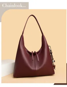 Burgundy leather hobo shoulder bag chic casual tote bag daily commute underarm bag