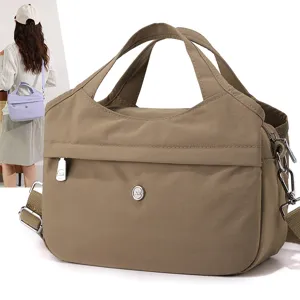 Women multi-compartment nylon crossbody bag casual shoulder handbag with top handles brown