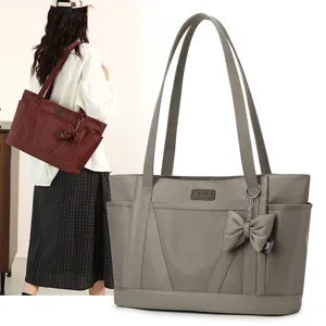 Large capacity nylon tote bag for women casual shoulder bag with bow charm daily work