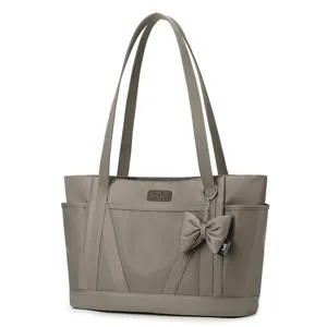 Grey casual canvas tote bag for women, large capacity work shoulder bag with bowknot charm.