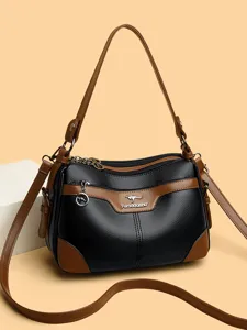Women Shoulder Bag Large Capacity PU Leather Crossbody Bag Casual Color Block Tote Bag For Daily Commute