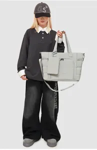 Grey multi-compartment work tote bag with insulated lunch and detachable small pouch.