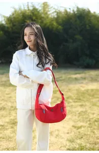 Red casual canvas crescent shoulder bag, stylish lightweight crossbody bag for daily use.