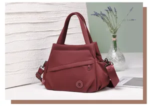 Women red nylon shoulder bag casual crossbody tote bag with multi pockets and straps