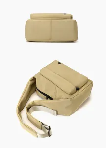 Nylon crossbody bag detail view showing khaki fabric, adjustable strap, and front flap design.
