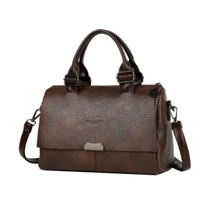 Classic brown leather handbag for women, vintage top handle tote with shoulder strap.