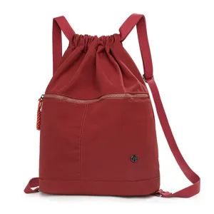 Lightweight nylon drawstring backpack gym sport casual daypack in solid red color