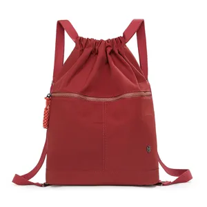 Lightweight nylon drawstring backpack solid color casual sport gym daypack for women main