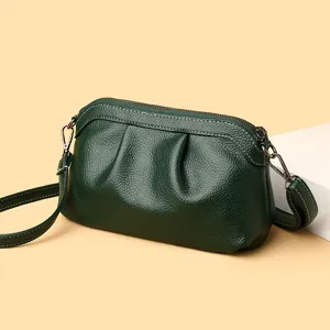 Dark green soft leather women's crossbody bag stylish casual shoulder bag with zipper.