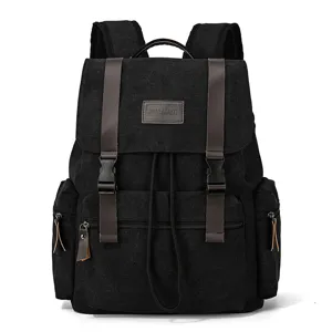 Klassischer schwarzer Segeltuch-Rucksack mit braunen Lederriemen für Alltag und große Reise.