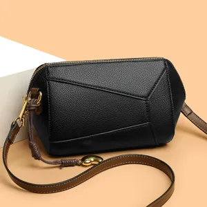 Schwarze geometrische Umhängetasche Damen stilvolle PU Leder Handtasche mit braunem Schultergurt