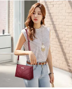 Chic multi-layer soft leather shoulder crossbody bag for women, stylish daily casual handbag.