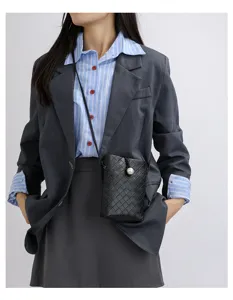 Black woven mini leather phone bag with pearl closure for women casual chic