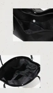 Black tote bag interior detail shot showing spacious compartments and secure zipper pockets.