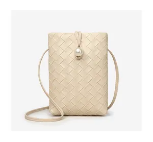Mini woven leather crossbody phone bag for women, chic beige shoulder bag with pearl button.