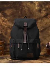 Zaino in tela nera vintage per uomo e donna, borsa casual per laptop scuola viaggio.