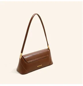 Brown leather shoulder bag underarm bag minimalist design stylish daily handbag for women detail