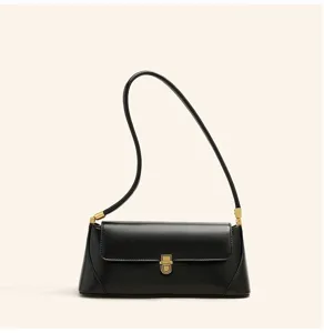 Elegant black leather shoulder bag for women, minimalist fashion daily handbag with gold lock.