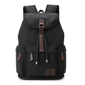 Zaino in tela nera per uomo e donna, borsa da viaggio scolastica vintage resistente.