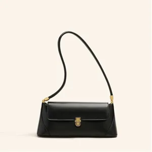 Elegant black leather shoulder bag with gold-tone hardware, minimalist daily baguette purse.