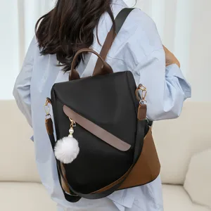Damen Mode Kontrastfarbe Rucksack Grosse Kapazität Casual Pendeln Schultasche Reise Daypack mit Fellkugel Anhänger