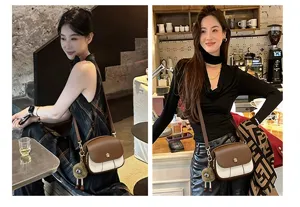 Women's color-blocked crossbody bag stylish mini shoulder bag with cute doll pendant.