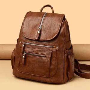 Vintage PU Leather Casual Backpack For Women Large Capacity Travel Commuting Fashion School Bookbag Daily Daypack