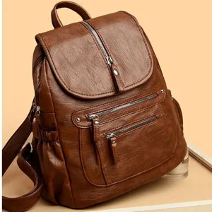 Retro leather backpack for women, large capacity fashion casual commute travel bag brown