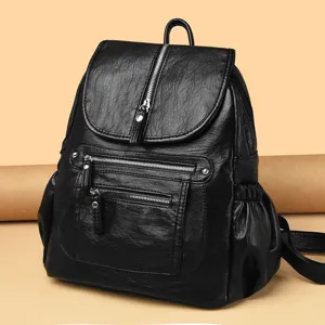 Classic black leather backpack for women, large capacity stylish casual daypack travel bag.