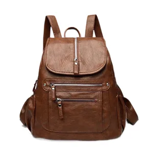 Women vintage brown leather backpack large capacity casual travel school rucksack bag