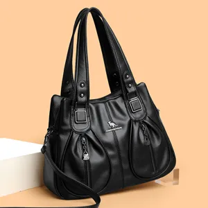 Black leather women tote bag large capacity shoulder handbag classic soft PU daily design