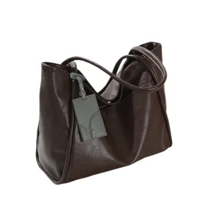 Stylish women's dark brown PU leather tote bag, large capacity casual daily commuter shoulder handbag.