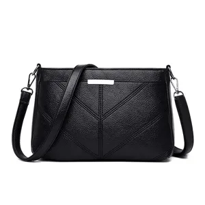 Black soft leather women shoulder crossbody bag multi-layer casual handbag for daily use