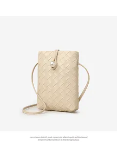 Woven leather mini crossbody phone bag for women, stylish beige shoulder purse with pearl.