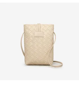 Beige soft woven leather mini crossbody phone bag casual versatile chic ladies shoulder bag