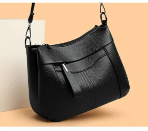 Classic black leather women shoulder bag elegant crossbody bag with multiple compartments