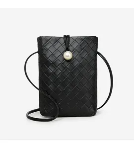 Black woven mini crossbody bag for women, stylish leather phone bag with pearl closure.