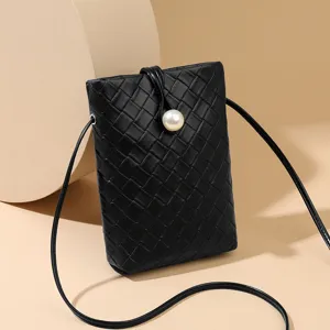 Black woven leather mini crossbody phone bag, stylish soft shoulder bag for women.