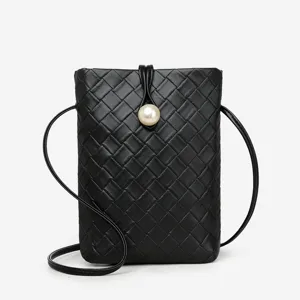 Woven leather mini crossbody phone bag for women, chic casual shoulder bag with pearl detail.