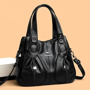 Schwarze Damen Handtasche aus weichem Leder große Kapazität lässige Schultertasche