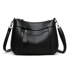 Elegant black women shoulder bag, textured leather crossbody bag for daily fashion wear.